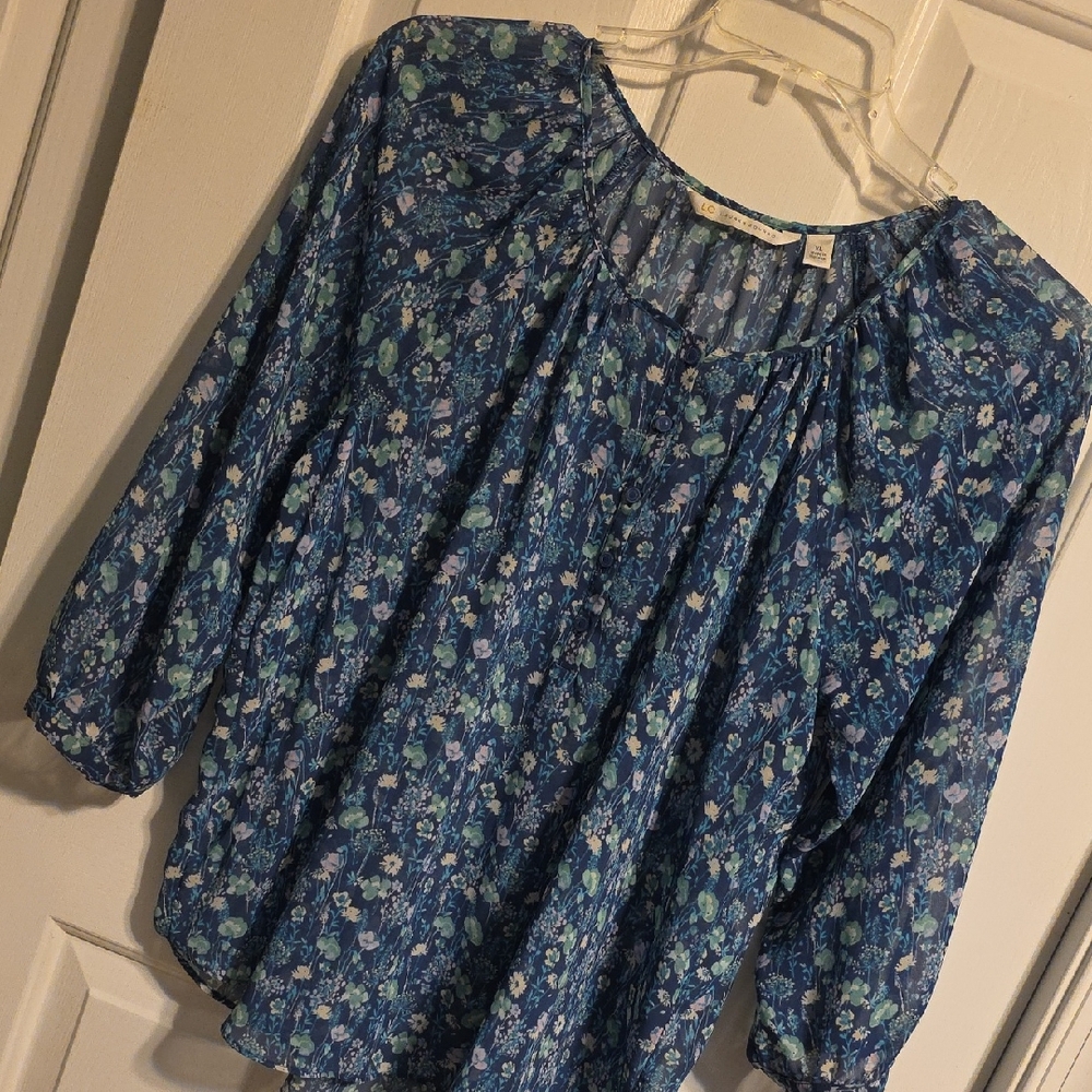 LC Lauren Conrad Navy Floral Blouse